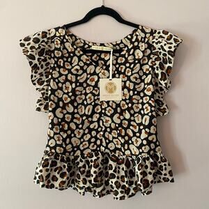 NWT Marie Oliver Zoey Blouse Black White Animal Print Ruffle 100% Silk Small